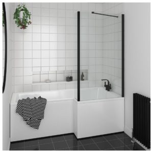 Essential Designer 1400x850mm L-Shaped Bath Screen Matt Black