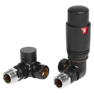 Iona Round Thermostatic Black Radiator Valves Corner